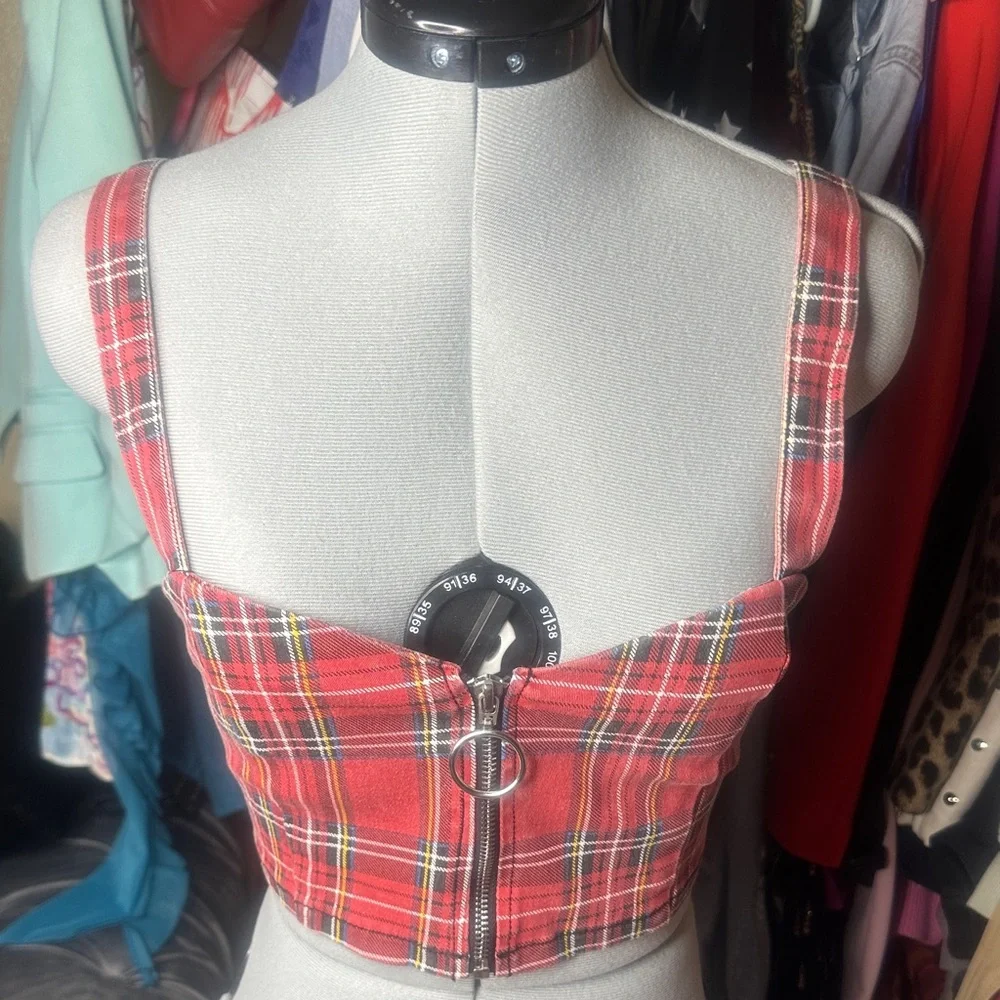 Forever 21 Red Plaid Crop Top with Zipper - Picture 1 of 6